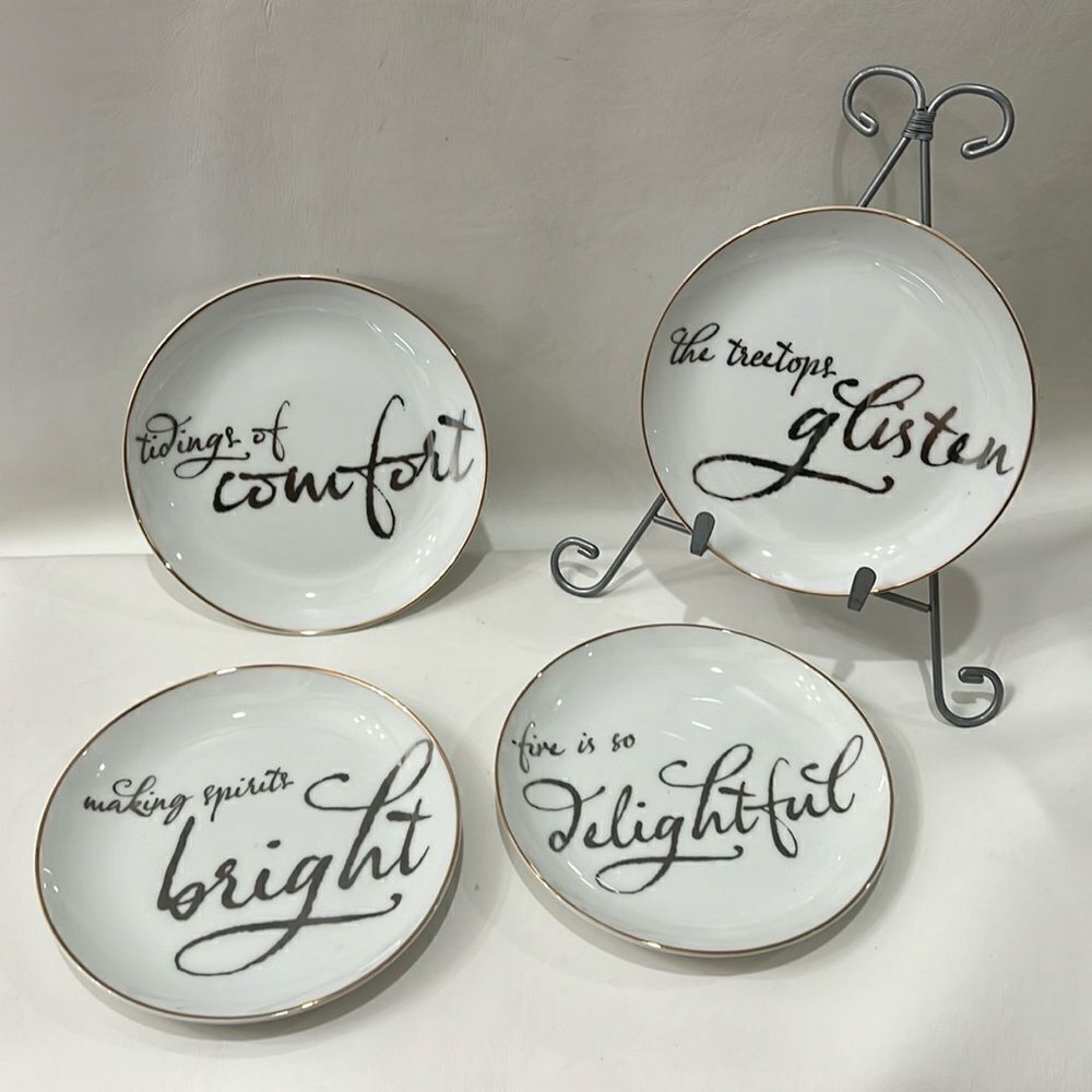 Target Threshold Christmas Appetizer Plates Set 4 White Gold Trim 6 1/2 In Round